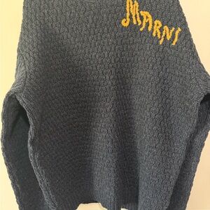Marni Men's Navy Crewneck Sweater with Yellow Logo